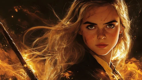 Firelit warrior girl stares ahead amid swirling embers.