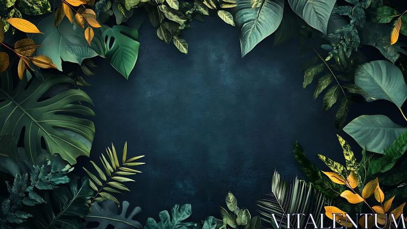 Dense tropical foliage framing dark textured background.