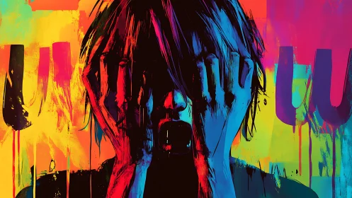 Neon scream portrait drenched in glitchy color storms.