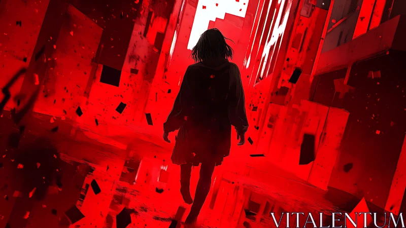 Crimson alley walk into a storm of drifting shadows and light.