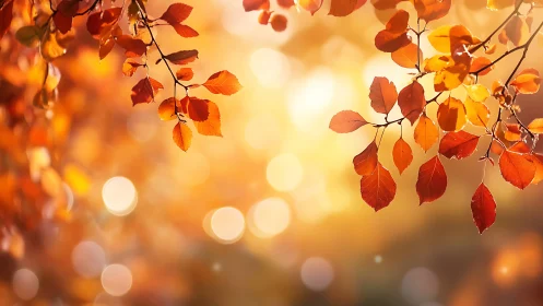 Autumn branches with orange leaves against soft sunlight.