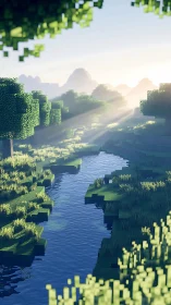 Voxel river landscape shows sunrise light across trees