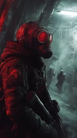 Armored gas mask soldier in icy industrial corridor scene.