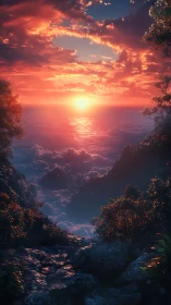 Sunset above cloud sea from glowing cliff overlook.