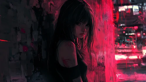 Moody girl in neon city alley under red night lights.