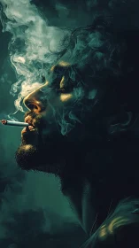 Low-key teal portrait of smoking man with dramatic side smoke