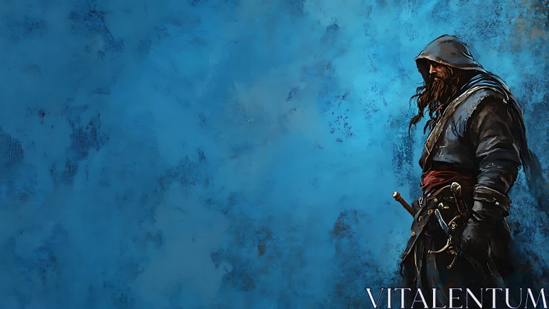 Hooded rogue with blades against textured cerulean field.