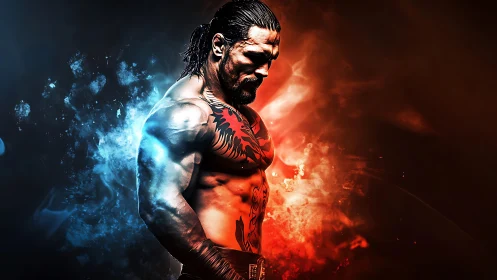 Tattooed warrior bends between blue frost and red flame