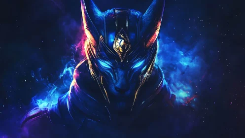 Cosmic jackal warrior in glowing blue and gold armor.
