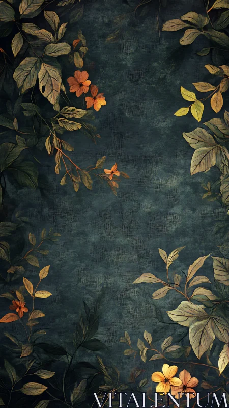 Midnight garden leaves frame a quiet teal canvas of calm