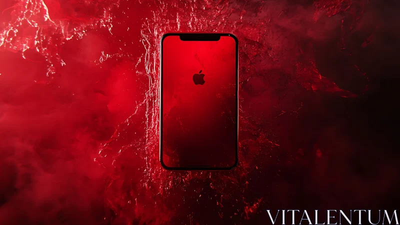 Photorealistic red smartphone isolated in immersive vapor field.