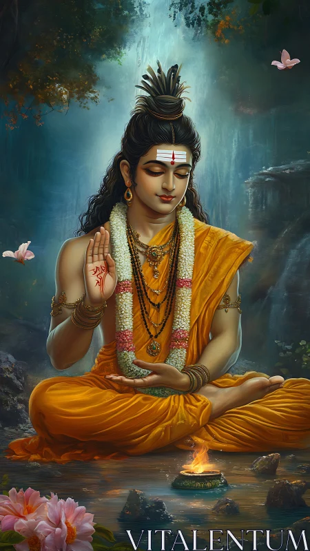 Serene Hindu deity in orange robes meditating by water.