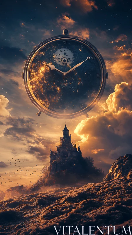 Time-scorched sky cradles a burning clock above ruins