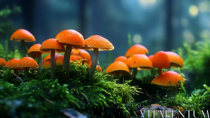 Neon orange mushrooms huddle on a mossy, dreamlit forest floor.