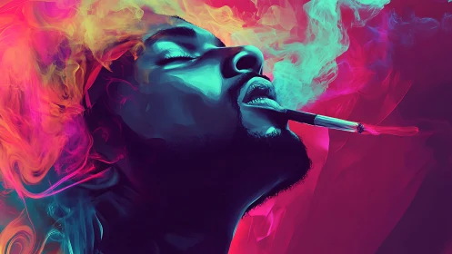 Neon smoke swirls around a man lost in vivid reflection
