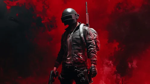 Armored tactical soldier in red smoke digital battleground.