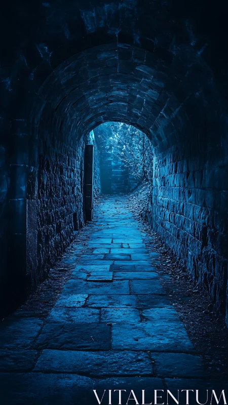 Stone tunnel walkway leads to blue lit exterior opening