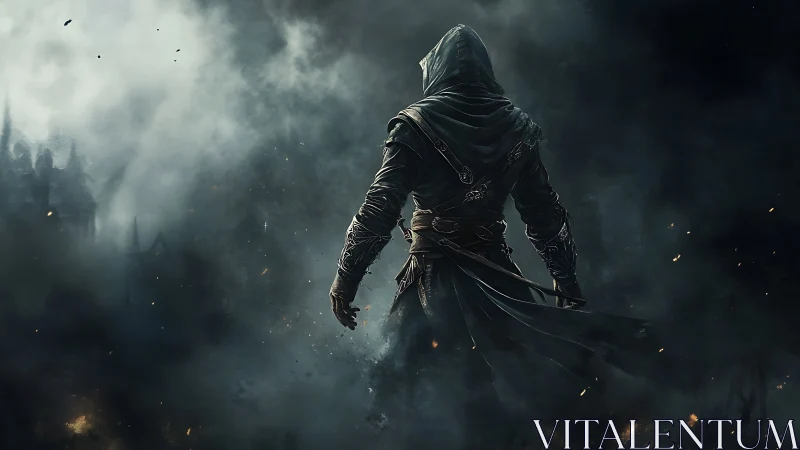 Hooded figure stands in smoke-filled environment with embers