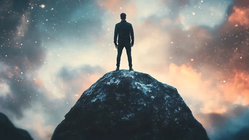 Silhouetted figure on rocky peak beneath dense starfield.