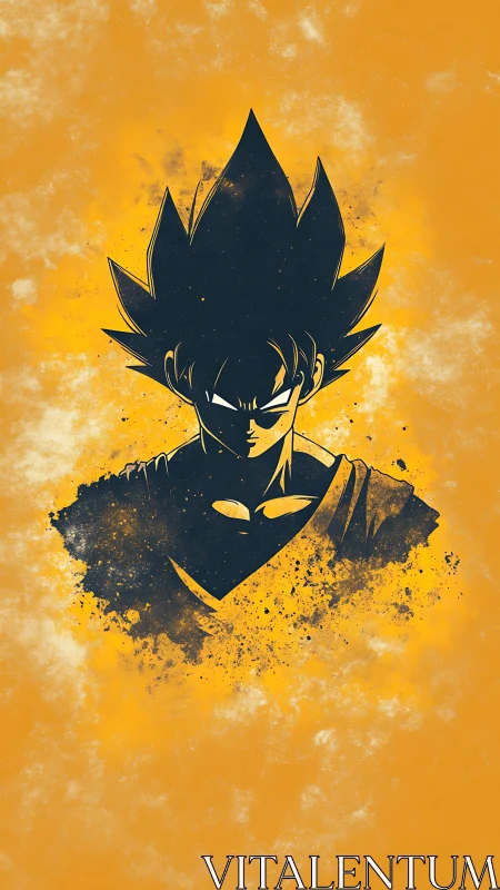 Saiyan silhouette explodes through bold golden splatter field.