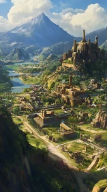 Sunlit fantasy citadel overlooking lush river valley.