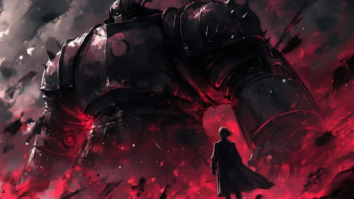 Armored giant towers over lone figure amid red energy field