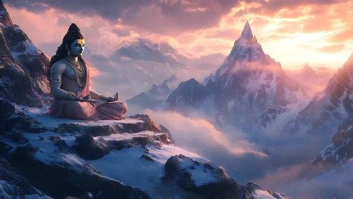 Digital rendering shows seated deity figure on snowy ridge