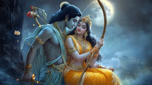 Divine warrior couple under moonlit sky with ornate bow