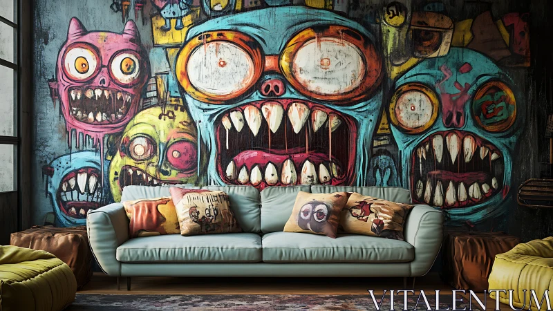 Playful monster mural roaring over cozy modern sofa.