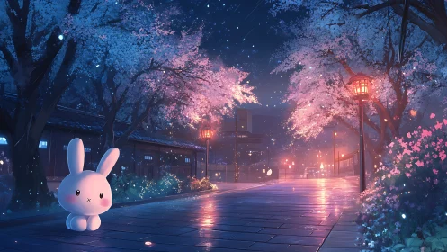 Nighttime cherry blossom street with stylized rabbit figure.