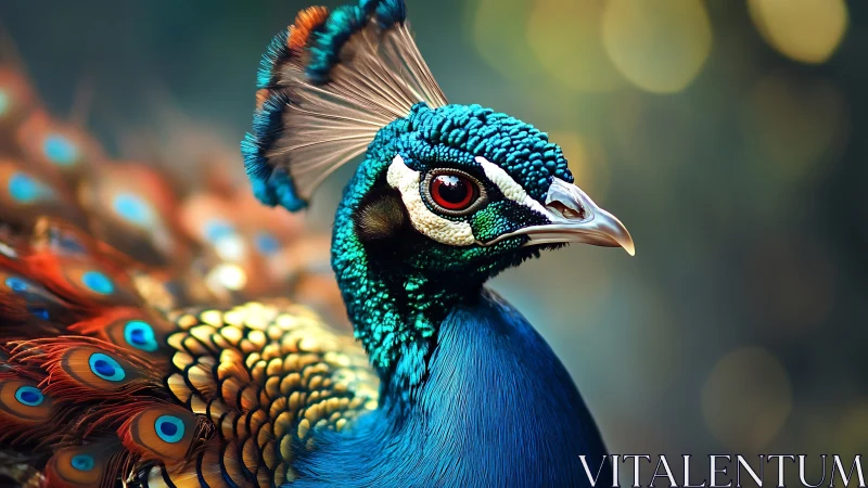 Male peafowl side profile with extended train plumage detail.