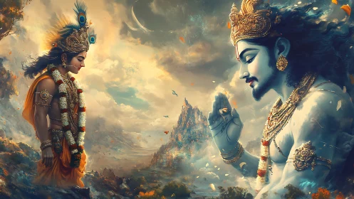 Digital depiction shows two ornate divine figures in dialogue