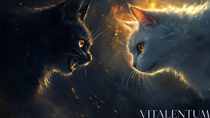 Two felines displayed in dramatic illumination with volumetric light and particle effects