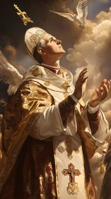 Cleric in ornate vestments gazes toward radiant descending dove