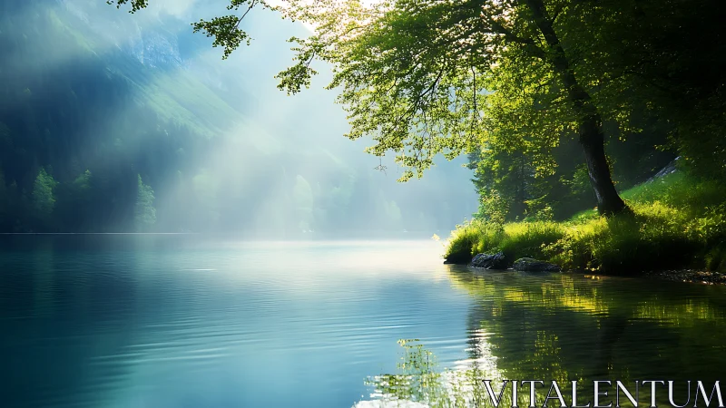 Backlit lakeside forest with volumetric morning light shafts