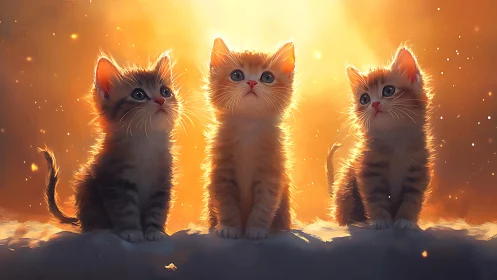 Three Adorable Kittens Glowing Against a Warm Golden Sunset