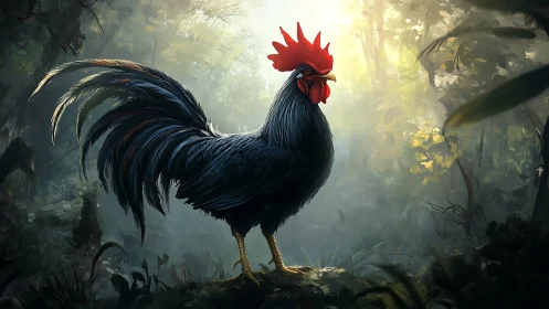 Black Rooster in Misty Forest: Digital Rendering of Avian Subject in Atmospheric Woodland