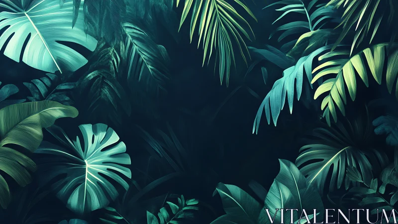 Dense tropical foliage fills a dark teal jungle background