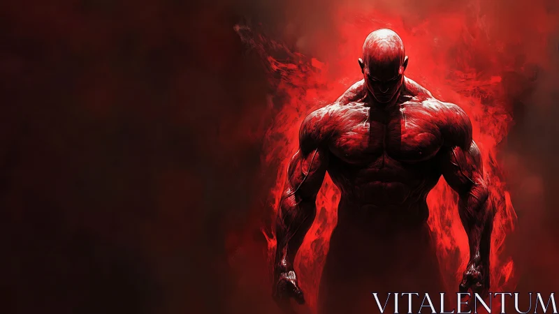 Muscular crimson figure emerges from swirling red smoke