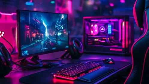Custom RGB gaming PC setup with neon desktop gear.