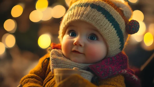 Tiny winter dreamer studies the glowing lights around