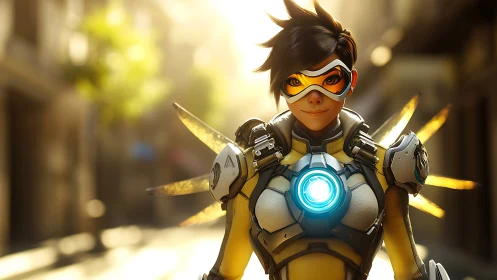 Chronometric exosuit heroine with luminous reactor core field.