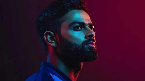 Bearded man in colored side light against dark background.