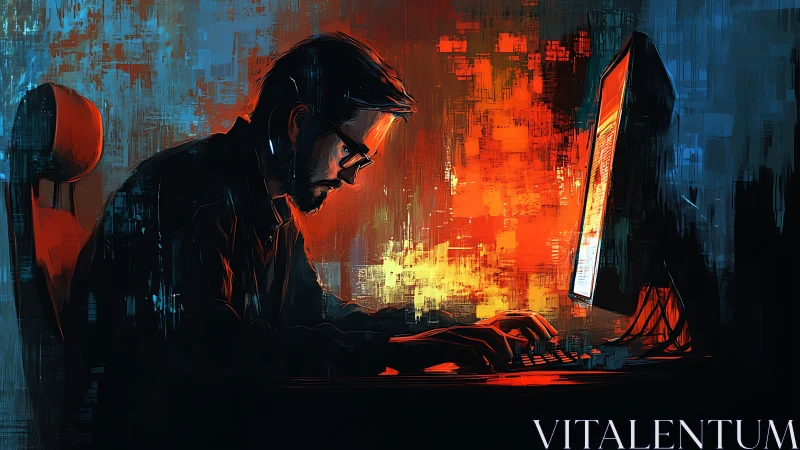 Late-night coder wrapped in neon glow and quiet focus.