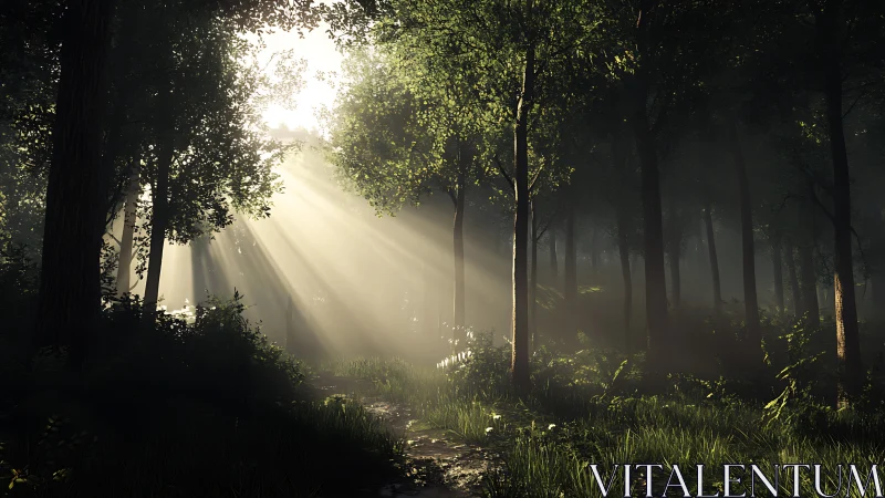 Forest woodland scene with atmospheric light rays through canopy