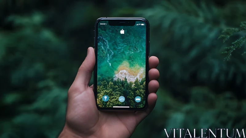iPhone displaying aerial coastal landscape photograph.