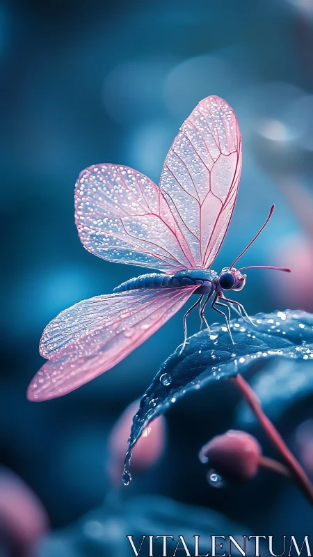 Macro view of pink winged insect resting on wet leaf.