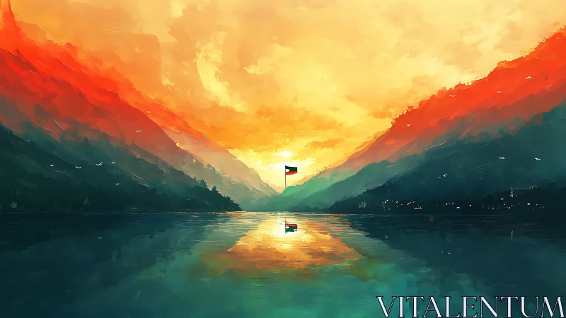 Mountain lake sunset frames solitary flag over mirror water