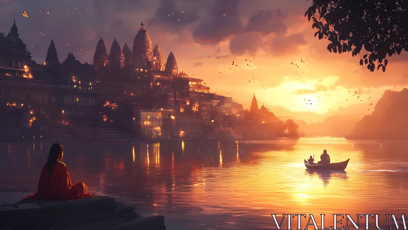 Riverbank cityscape is illuminated by low sunset light