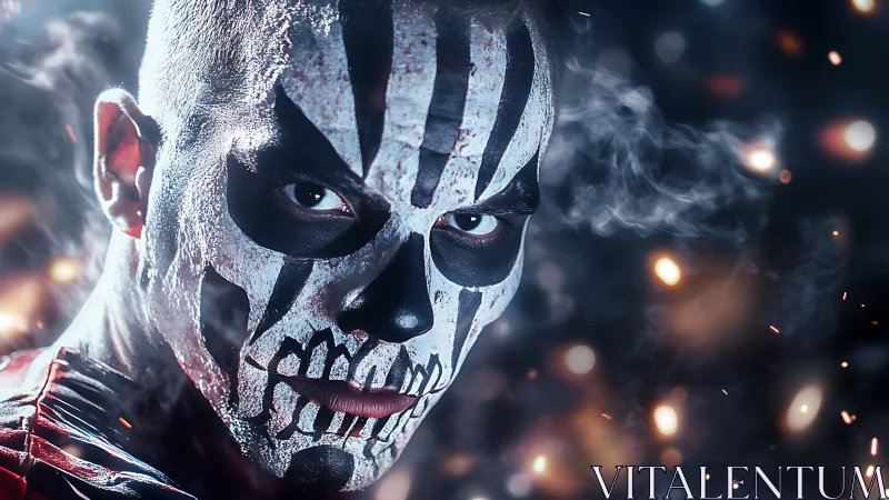 High-contrast skull face paint amid particulate ember field.